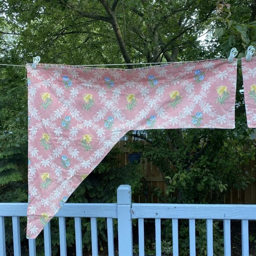 Vintage Canvas Curtain Swag Valance Pink Floral Plaid Reversible